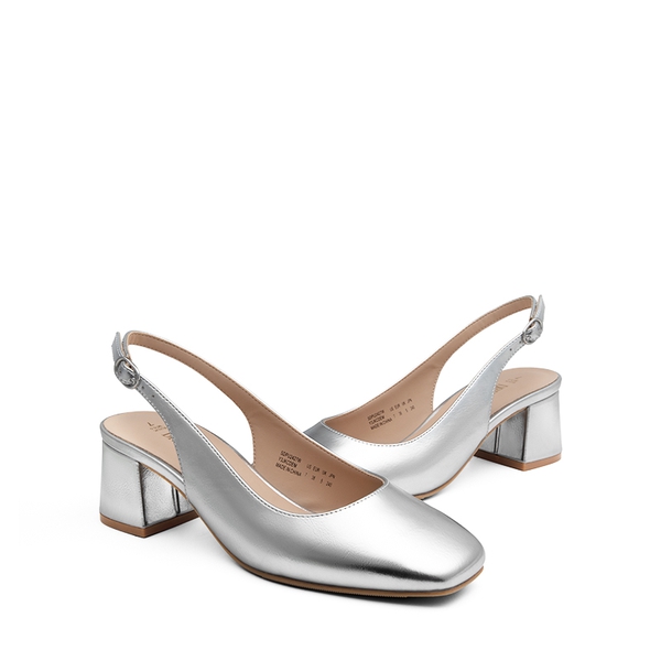 Slingback Chunky Square Toe Pumps - SILVER - 6
